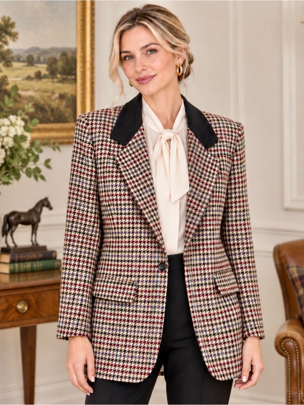 Vintage Wool Plaid Blazer Black Collar Equestrian Academia Preppy L